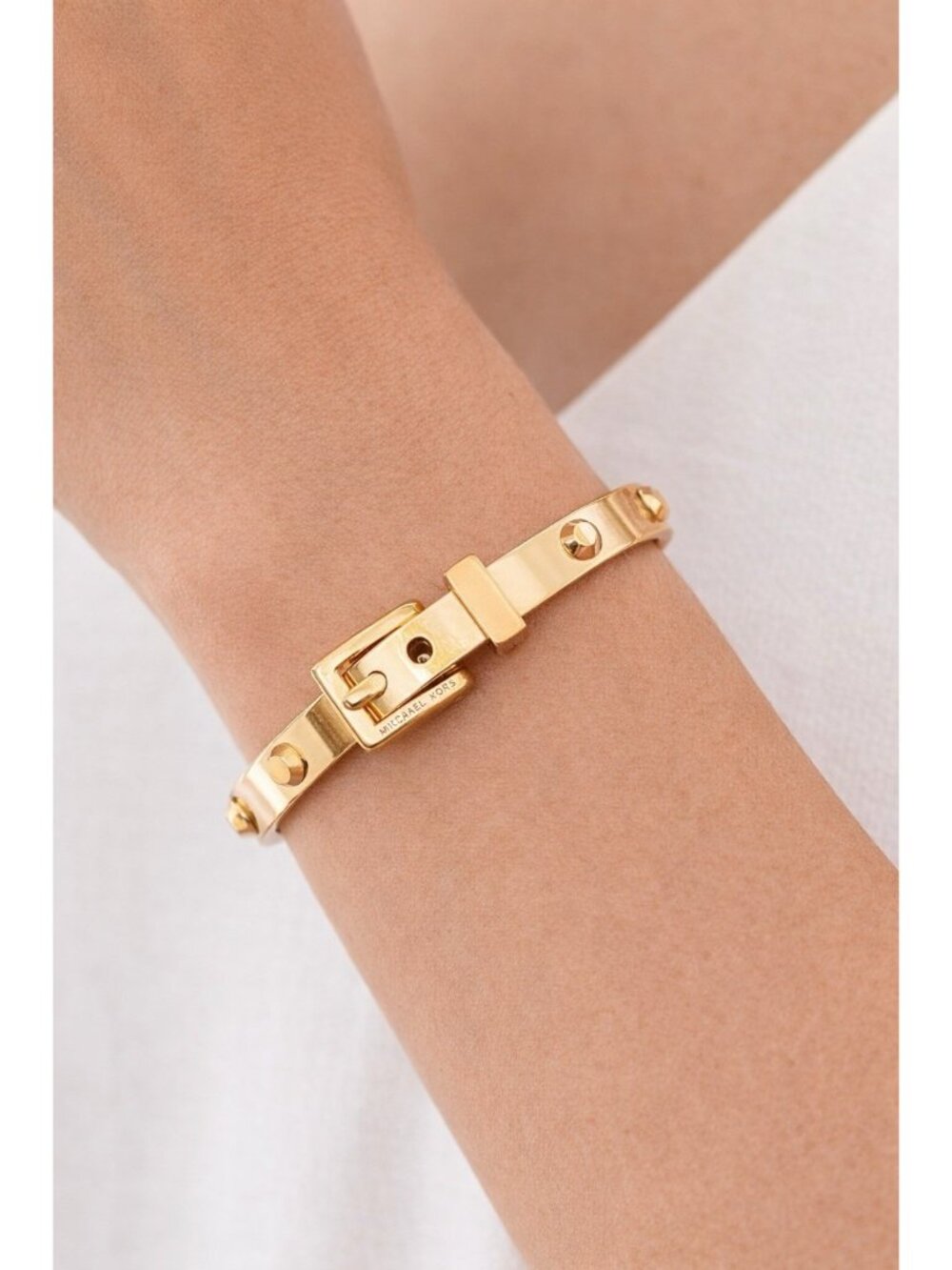 Designer Michael Kors Gold Tone Studded Hinged Buckle Bangle Bracelet Adjustable